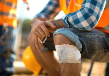 Man with orange vest sites with bandaged knee